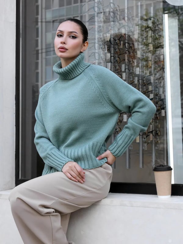 Γυναικείο πουλόβερ με oversize γραμμή και ψηλό λαιμό