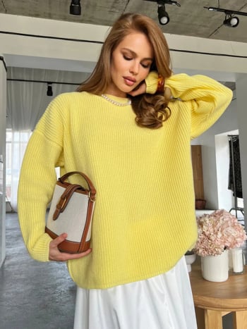 Oversize πλεκτός μακρύς πουλόβερ με στρογγυλό λαιμό