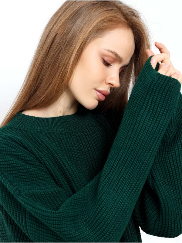 Oversize πλεκτός μακρύς πουλόβερ με στρογγυλό λαιμό