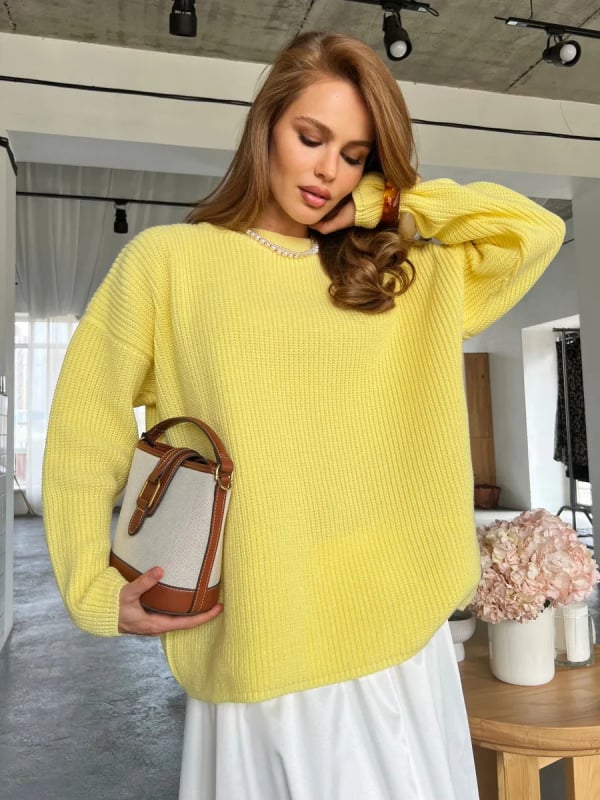 Oversize πλεκτός μακρύς πουλόβερ με στρογγυλό λαιμό