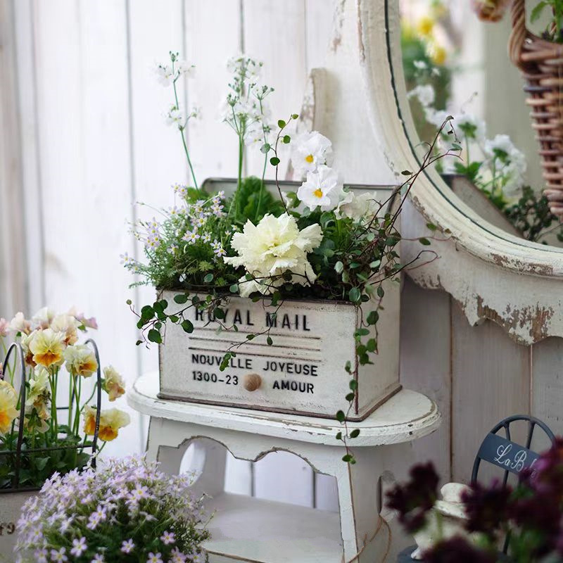 Vas de flori din fier, montat pe perete, stil vintage, pentru balcon interior și grădină, cu cutie poștală