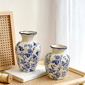 Vază din porțelan bleu-alb, în stil chinezesc nou, pentru decor de birou și sufragerie