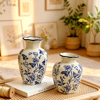 Vază din porțelan bleu-alb, în stil chinezesc nou, pentru decor de birou și sufragerie