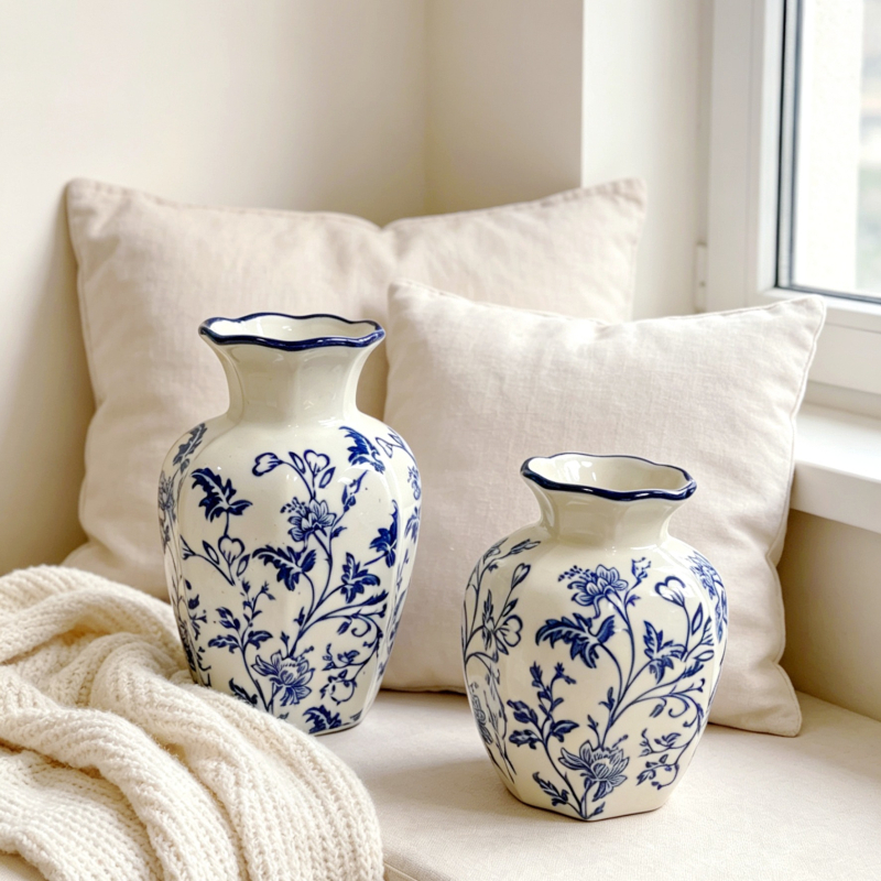 Vază din porțelan bleu-alb, în stil chinezesc nou, pentru decor de birou și sufragerie