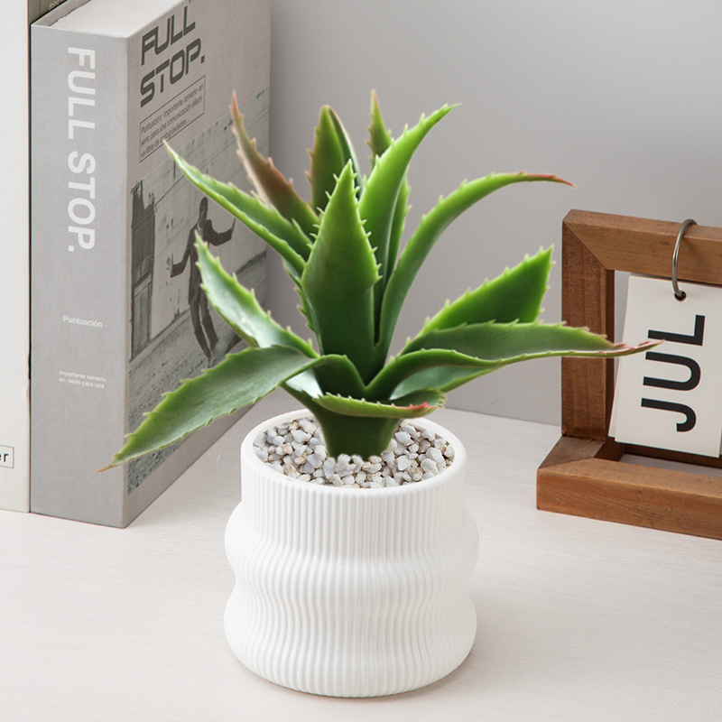 Ghiveci din plastic, aspect ceramic, pentru birou, mic, alb, cu dungi verticale, pentru suculente