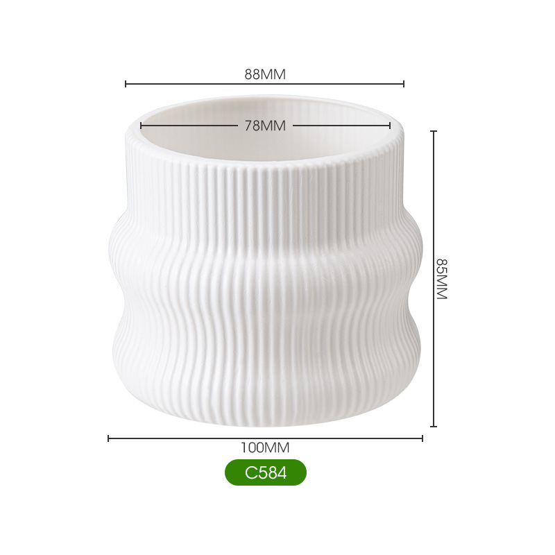 Ghiveci din plastic, aspect ceramic, pentru birou, mic, alb, cu dungi verticale, pentru suculente