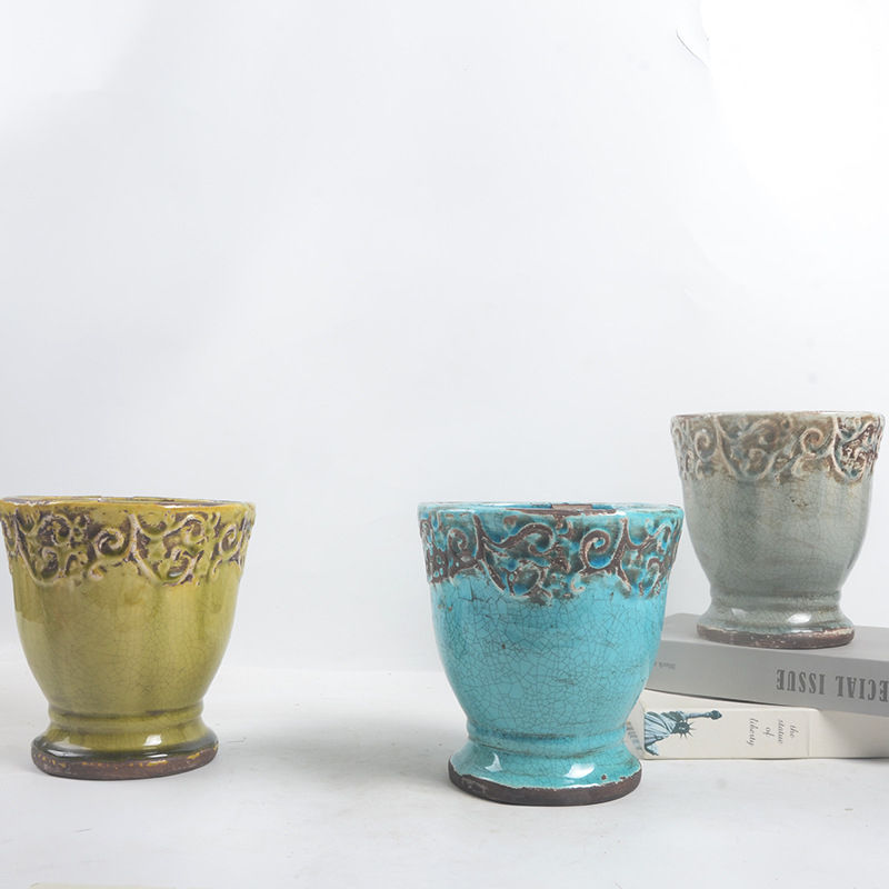 Vas ceramic cu stil european retro, pe bază înaltă, glazură crăpată în stil Ice-Crack, pentru plante verzi, balcon sau casă