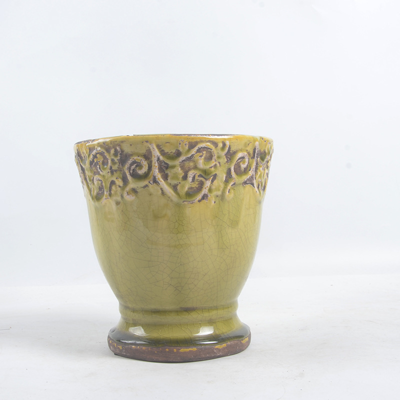 Vas ceramic cu stil european retro, pe bază înaltă, glazură crăpată în stil Ice-Crack, pentru plante verzi, balcon sau casă