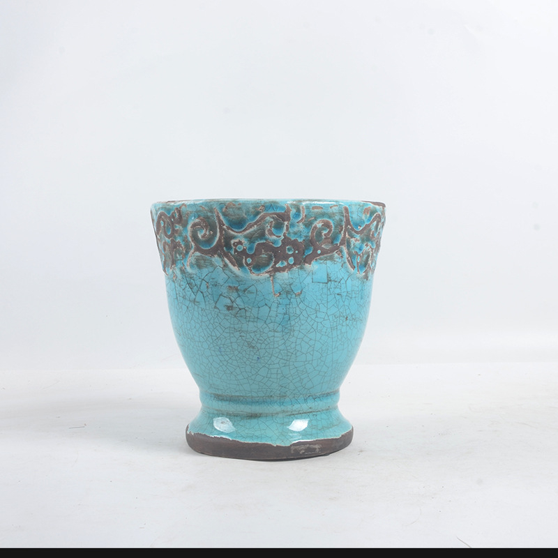 Vas ceramic cu stil european retro, pe bază înaltă, glazură crăpată în stil Ice-Crack, pentru plante verzi, balcon sau casă