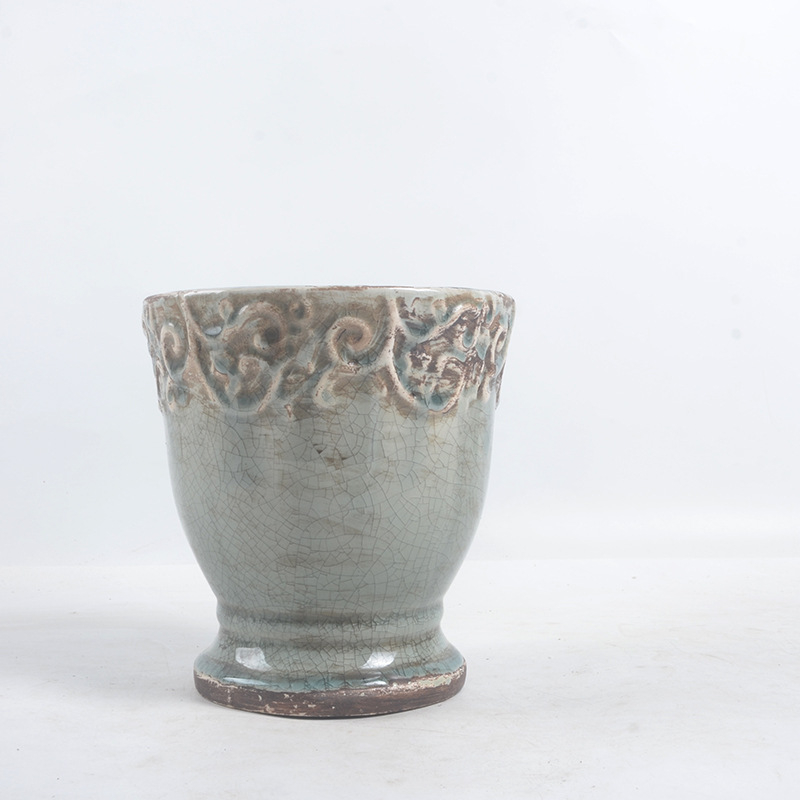 Vas ceramic cu stil european retro, pe bază înaltă, glazură crăpată în stil Ice-Crack, pentru plante verzi, balcon sau casă