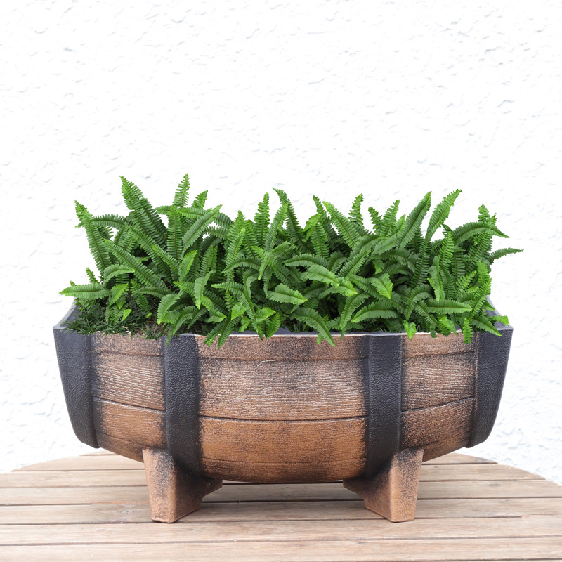 Ghiveci plastic cu diametru mare pentru plante de interior, aspect butoi din lemn, stil clasic, multifunctional