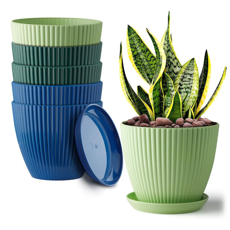 Ghiveci de flori din plastic colorat, cu dungi verticale și farfurie circulară, pentru balcon, durabil PP