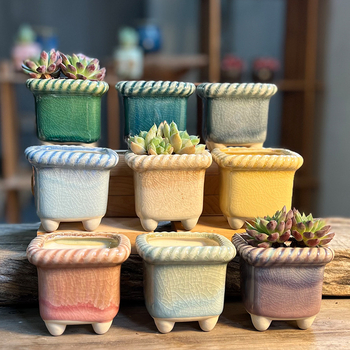 Ghiveci ceramic respirabil pentru suculente, glazură curgătoare, design retro drăguț și creativ, textură împletită, deschidere mică