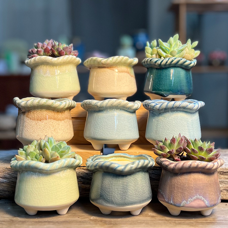 Ghiveci ceramic respirabil pentru suculente, glazură curgătoare, design retro drăguț și creativ, textură împletită, deschidere mică