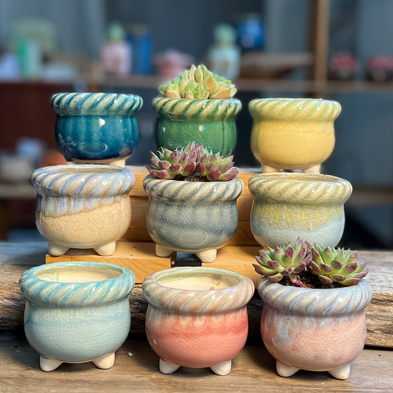 Ghiveci ceramic respirabil pentru suculente, glazură curgătoare, design retro drăguț și creativ, textură împletită, deschidere mică