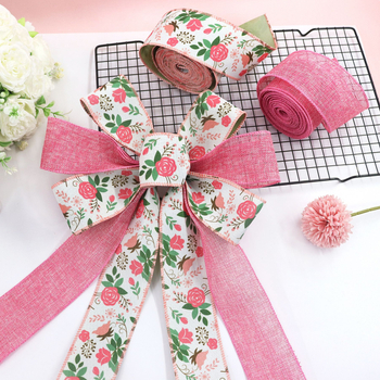 Розова флорална двустранна лента Grosgrain с телен кант и имитация на лен, за DIY панделки и гирлянди