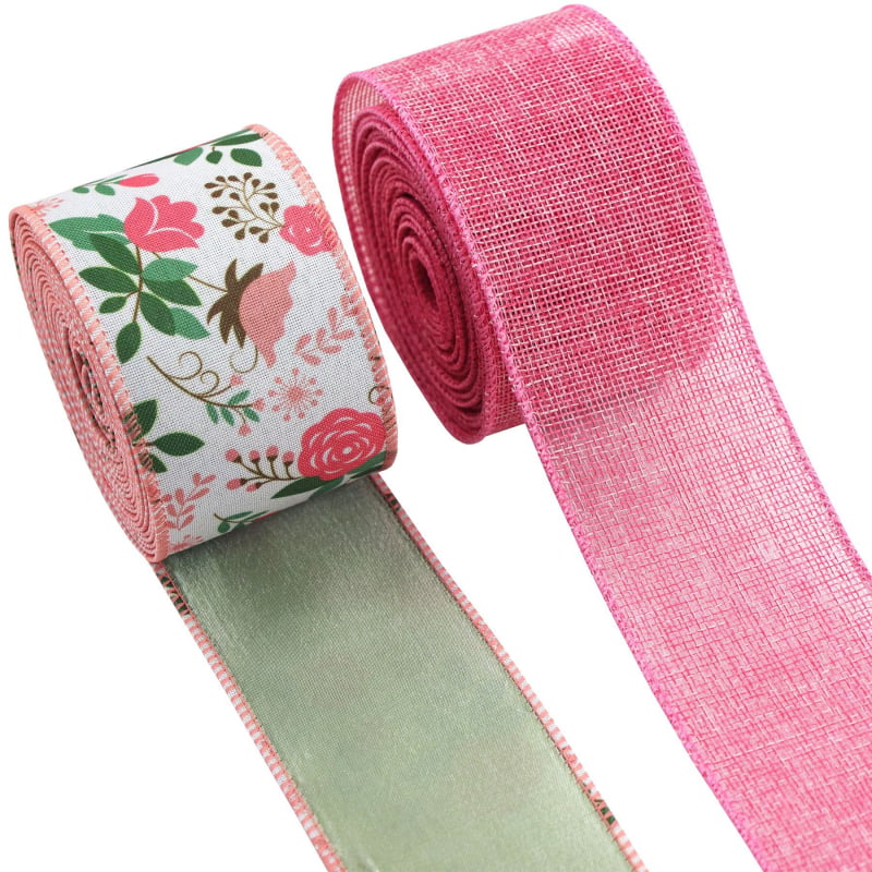 Розова флорална двустранна лента Grosgrain с телен кант и имитация на лен, за DIY панделки и гирлянди