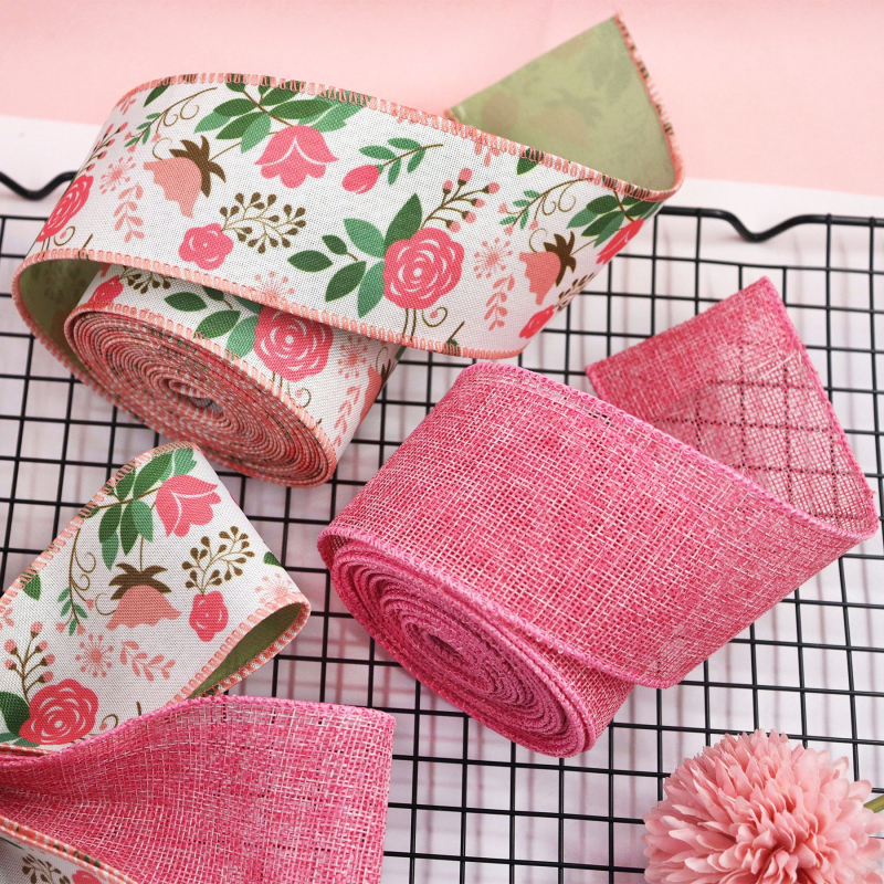Розова флорална двустранна лента Grosgrain с телен кант и имитация на лен, за DIY панделки и гирлянди