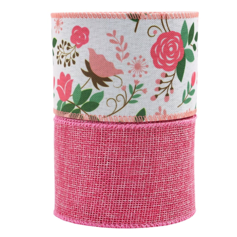 Розова флорална двустранна лента Grosgrain с телен кант и имитация на лен, за DIY панделки и гирлянди