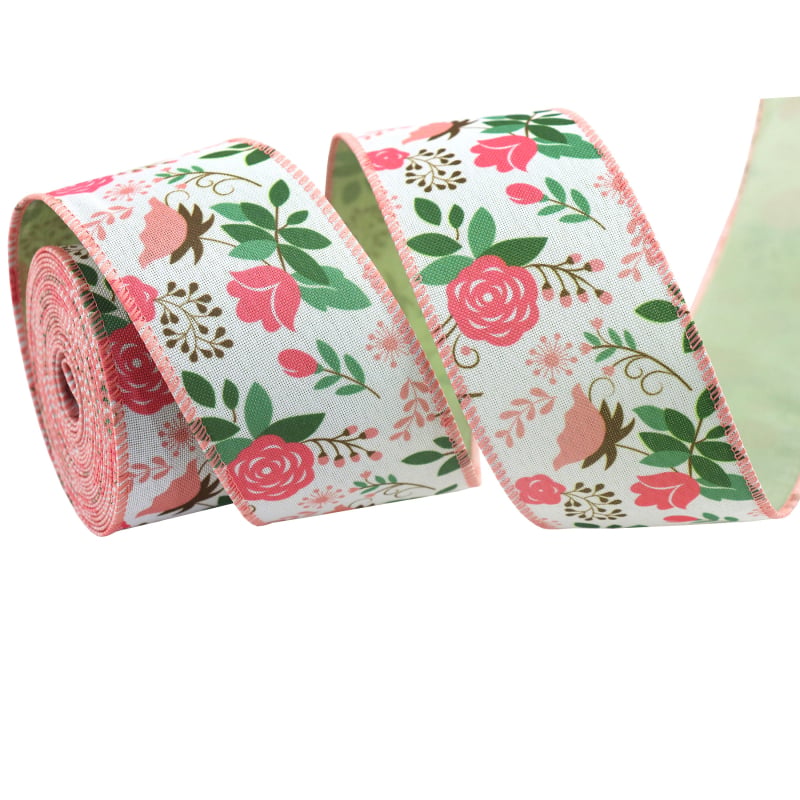 Розова флорална двустранна лента Grosgrain с телен кант и имитация на лен, за DIY панделки и гирлянди