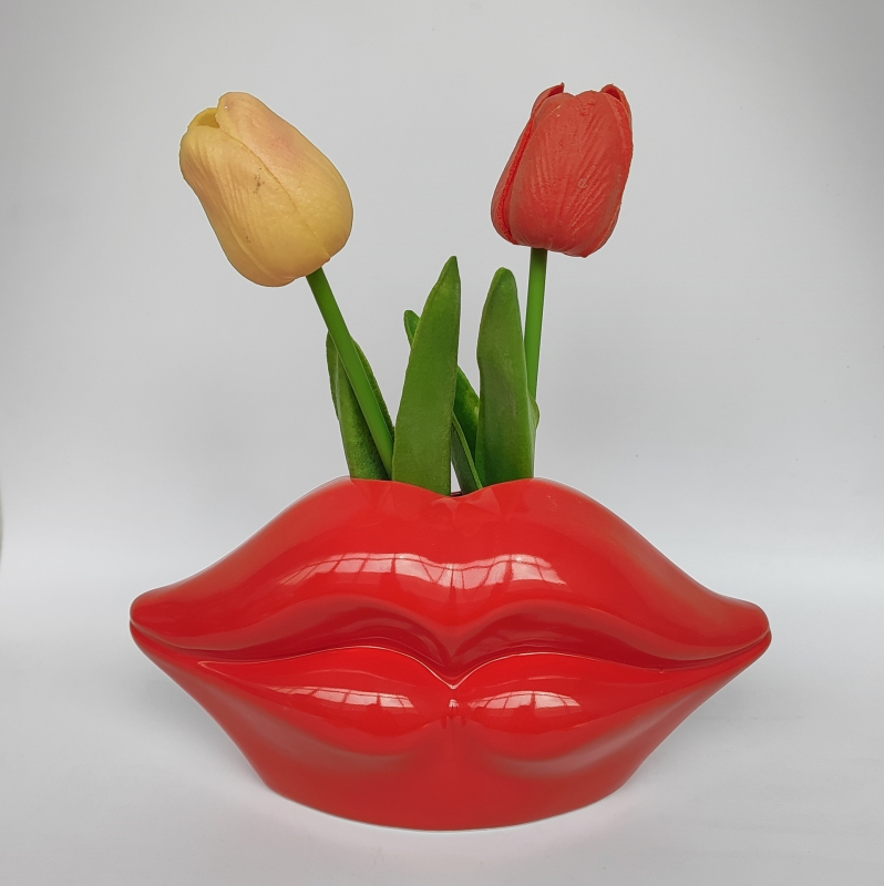 Vază ceramică cu buze roșii — stil Nordic minimalist pentru aranjamente florale în living