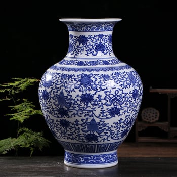 Vază Arhat albastru-alb cu motiv din opt comori, vas ceramic mare pentru decorul casei