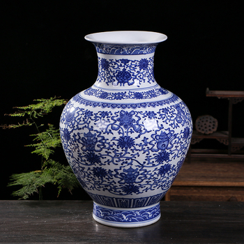 Vază Arhat albastru-alb cu motiv din opt comori, vas ceramic mare pentru decorul casei
