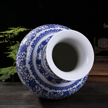 Vază Arhat albastru-alb cu motiv din opt comori, vas ceramic mare pentru decorul casei