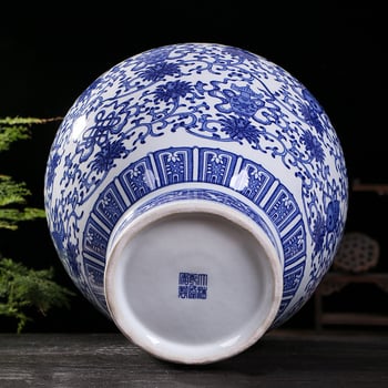 Vază Arhat albastru-alb cu motiv din opt comori, vas ceramic mare pentru decorul casei
