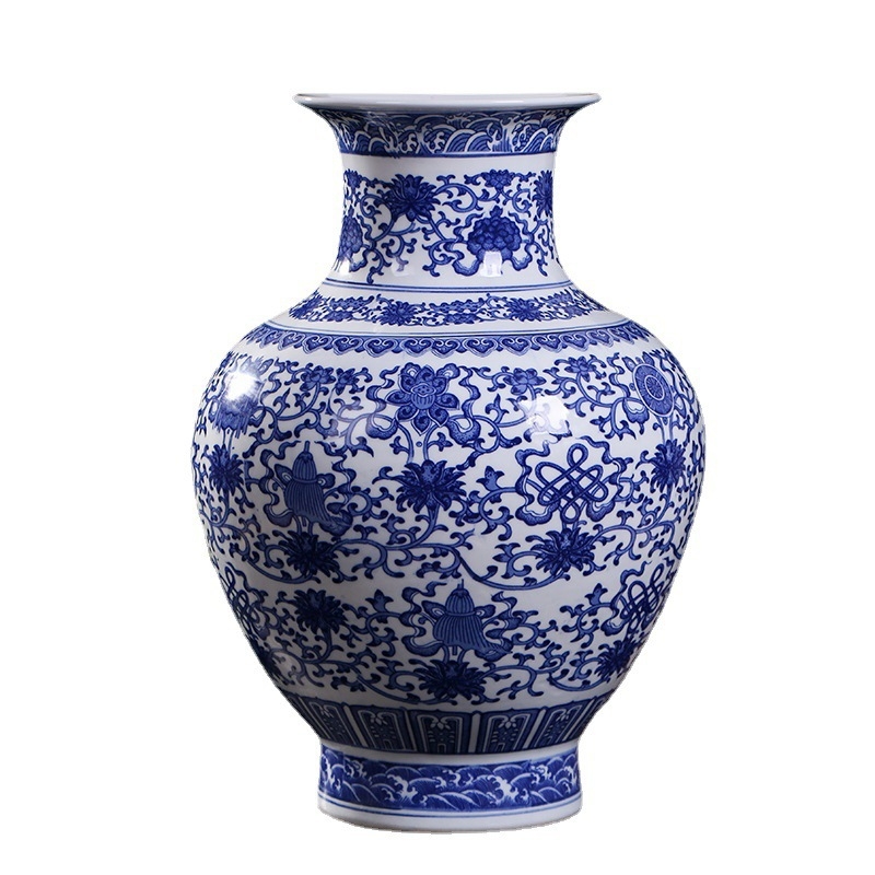 Vază Arhat albastru-alb cu motiv din opt comori, vas ceramic mare pentru decorul casei