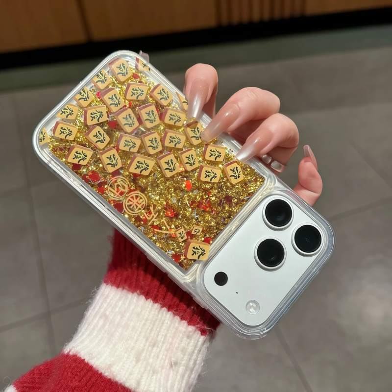 Kućište za telefon s dizajnom Mahjong u crveno-zlatnoj boji, efekt tekućeg pijeska i sjaja, kompatibilno s iPhone 17, iPhone 16/15 Pro, narukvica stil za iPhone 14, popularni model za iPhone 13