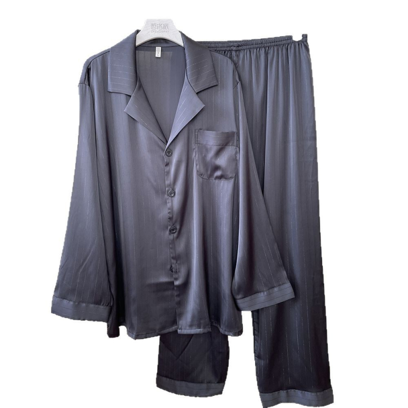 Muški pidžama set od ledene svile sa srebrnim detaljima, dugi rukavi, lagani luksuzni kućni outfit za proljeće i jesen