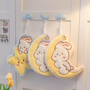 Prosop de mână cu iepuri în desene animate, cer înstelat și lună, din fleece coral, pentru agățare, absorbant pentru uz casnic