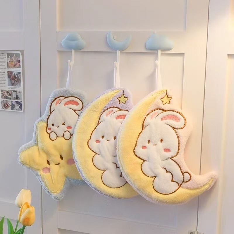 Prosop de mână cu iepuri în desene animate, cer înstelat și lună, din fleece coral, pentru agățare, absorbant pentru uz casnic