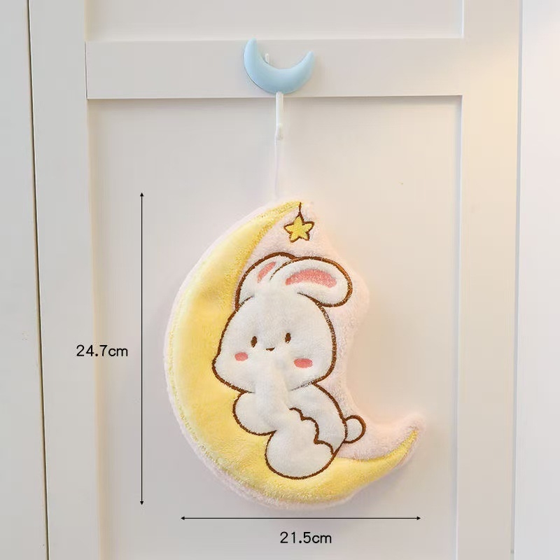 Prosop de mână cu iepuri în desene animate, cer înstelat și lună, din fleece coral, pentru agățare, absorbant pentru uz casnic