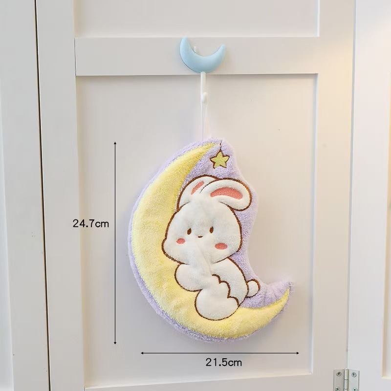 Prosop de mână cu iepuri în desene animate, cer înstelat și lună, din fleece coral, pentru agățare, absorbant pentru uz casnic
