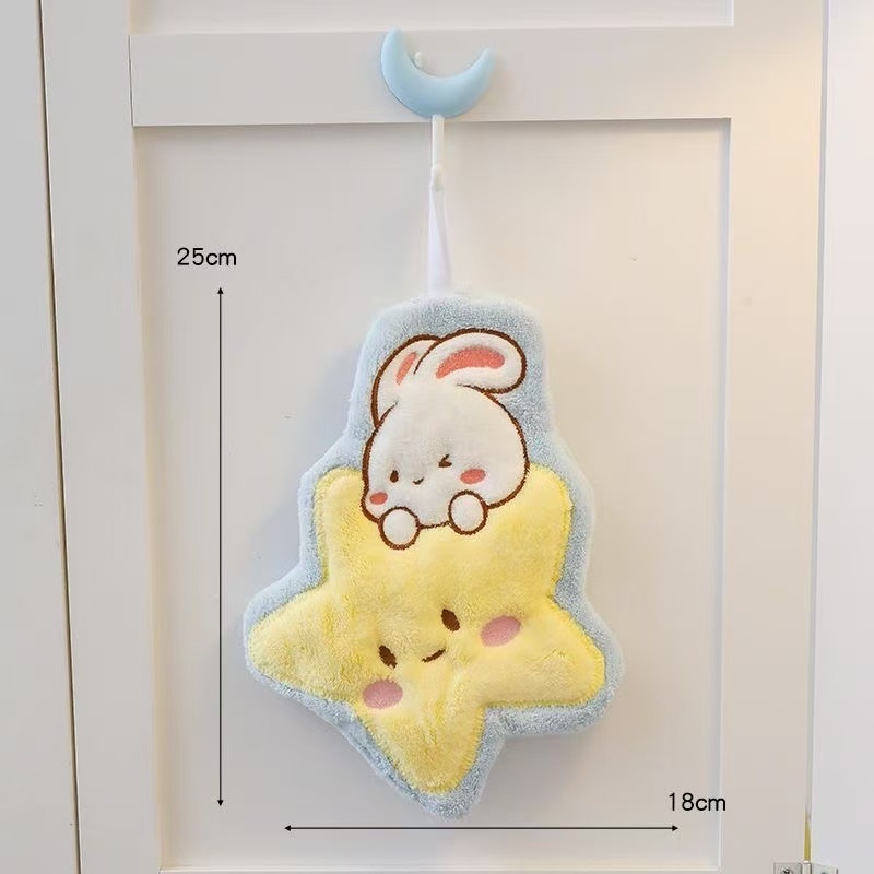 Prosop de mână cu iepuri în desene animate, cer înstelat și lună, din fleece coral, pentru agățare, absorbant pentru uz casnic