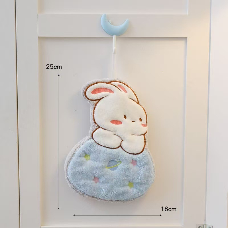 Prosop de mână cu iepuri în desene animate, cer înstelat și lună, din fleece coral, pentru agățare, absorbant pentru uz casnic