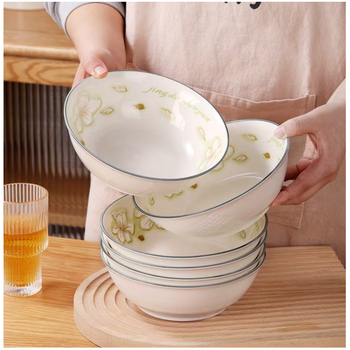 Bol mare din porțelan, 7 inch, pentru tăiței și supă, culoare ceai, design creativ, model gravat sub glazură, potrivit pentru microunde
