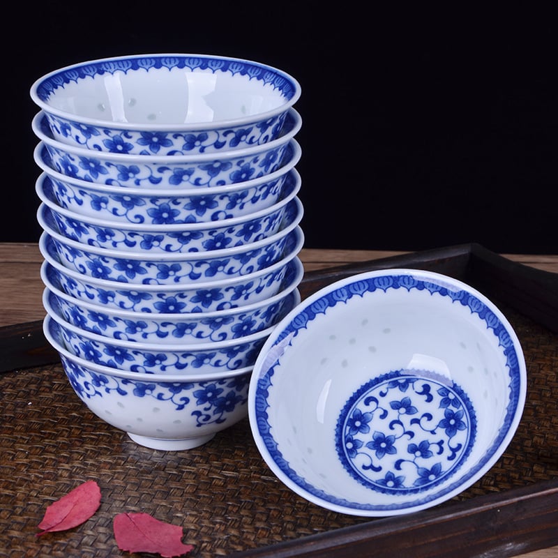 Bol de orez din porțelan chinezesc, albastru și alb Jingdezhen, decor sub glazură, vas de masă
