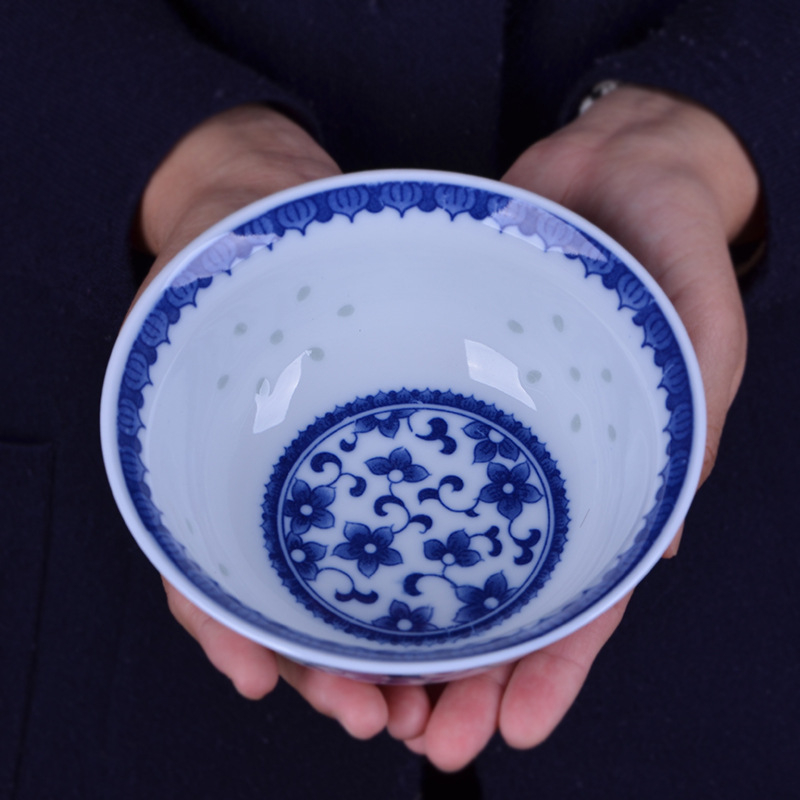 Bol de orez din porțelan chinezesc, albastru și alb Jingdezhen, decor sub glazură, vas de masă