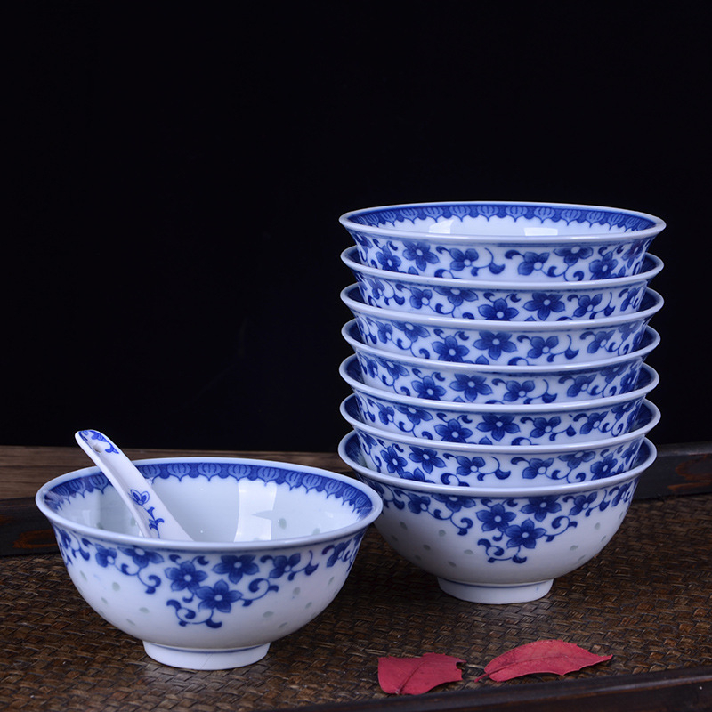 Bol de orez din porțelan chinezesc, albastru și alb Jingdezhen, decor sub glazură, vas de masă