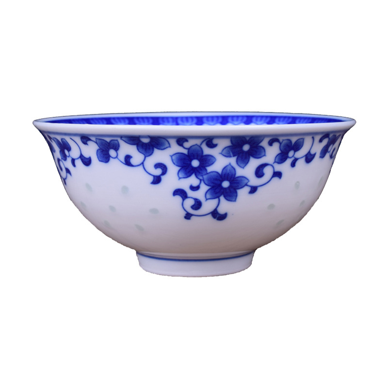Bol de orez din porțelan chinezesc, albastru și alb Jingdezhen, decor sub glazură, vas de masă