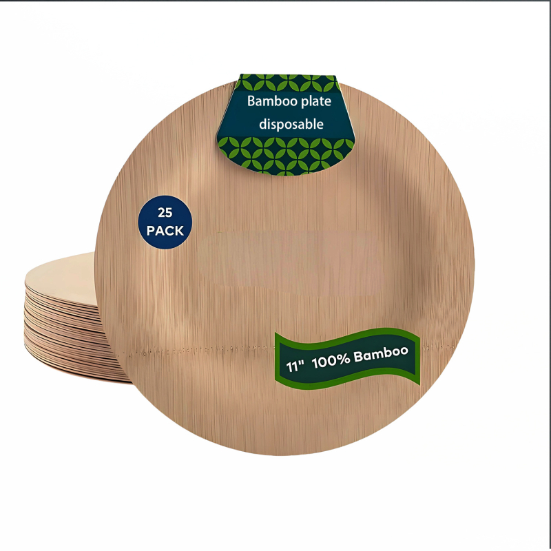 Set de farfurii și tacâmuri din bambus, de unică folosință: cuțit, furculiță și lingură; farfurii rotunde și pătrate pentru salate și mese reci; ecologice, biodegradabile