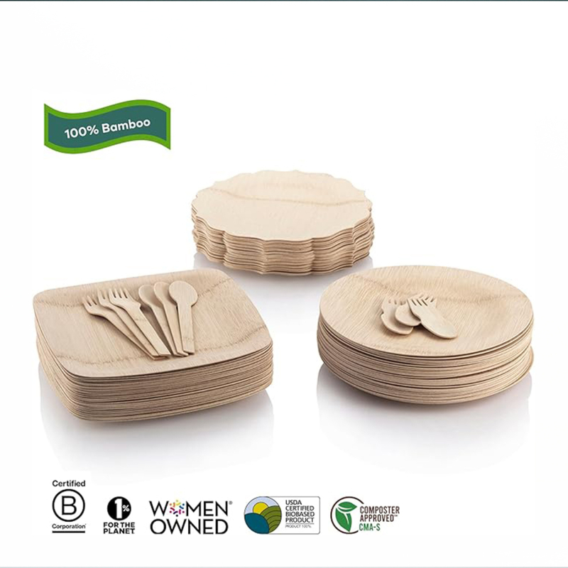 Set de farfurii și tacâmuri din bambus, de unică folosință: cuțit, furculiță și lingură; farfurii rotunde și pătrate pentru salate și mese reci; ecologice, biodegradabile