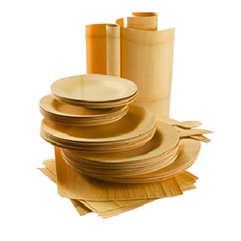 Set de farfurii și tacâmuri din bambus, de unică folosință: cuțit, furculiță și lingură; farfurii rotunde și pătrate pentru salate și mese reci; ecologice, biodegradabile