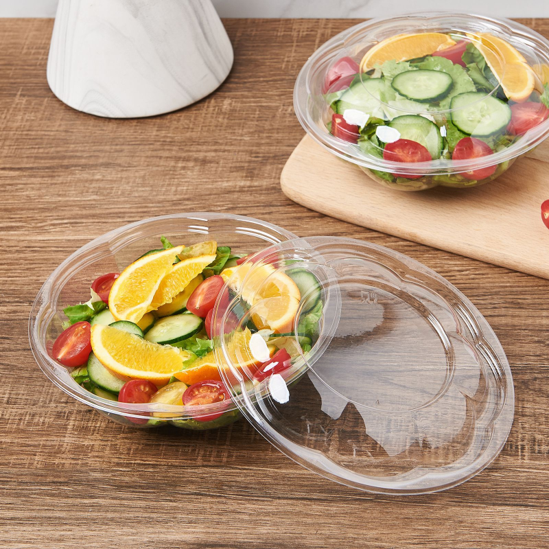 Fuling bol de salată de unică folosință, cu capac, PET, 18 oz, transparent, îngroșat, în formă de floare de prune