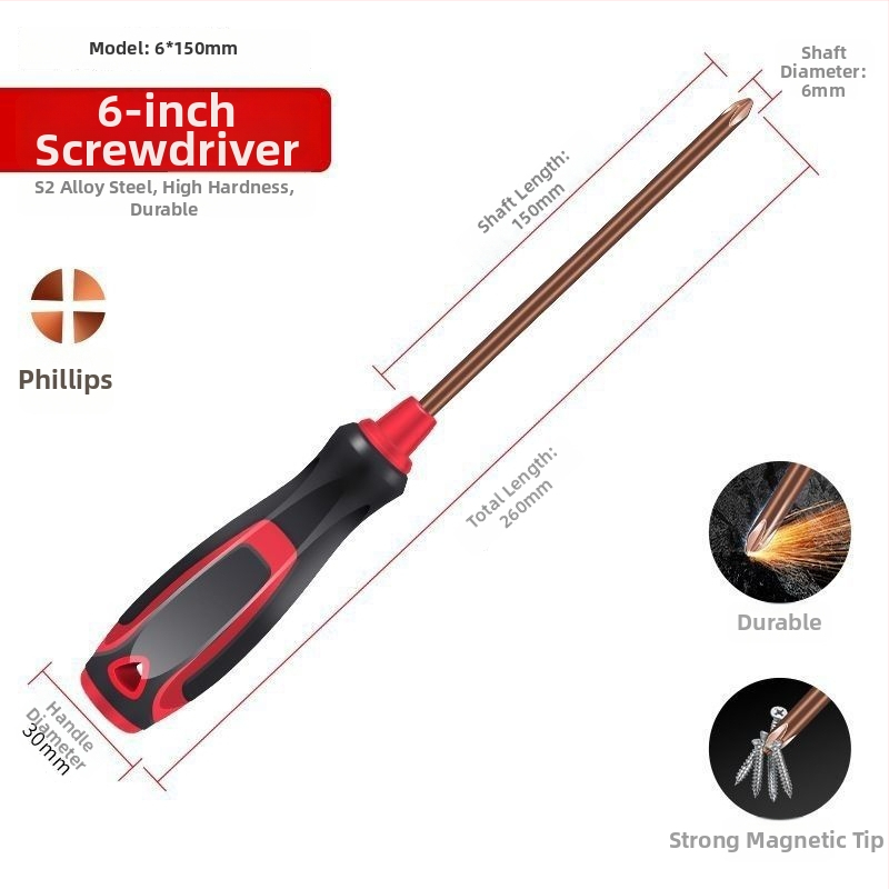 Set Phillips skrutkovačov zo S2 zliatiny ocele, magnetické a izolované, plastová rukoväť, veľkosti 4 palce, 5 palcov, 6 palcov a 8 palcov