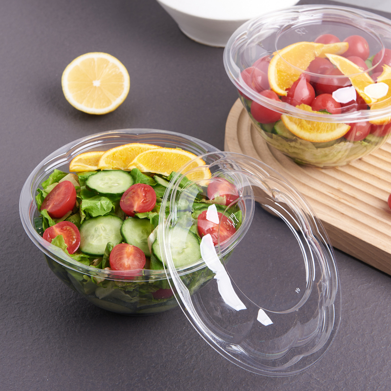 Boluri de salată din PET, de unică folosință, cu capac, transparente, 18/24/32/48 oz, formă de floare de prune