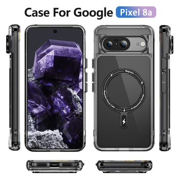 Husă Pixel 8a cu încărcare wireless, rezistentă la șocuri, anticadere și antiamprentare, placă magnetică și butoane metalice pentru obiectiv